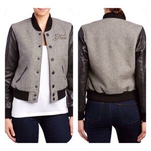 True Religion Jacket Womens Gray Black Bomber Varsity Jacket wool Sheep leather